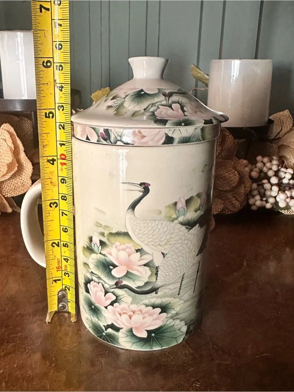 World Market Porcelain Crane & Lotus Lidded Tea Mug Cream Pink Green